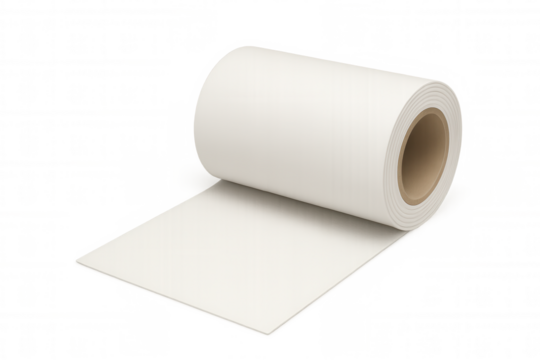 Roll of white laminate flooring is unrolling on a transparent background, ready for installation