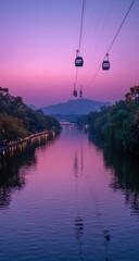 Misty river at dawn, cable cars