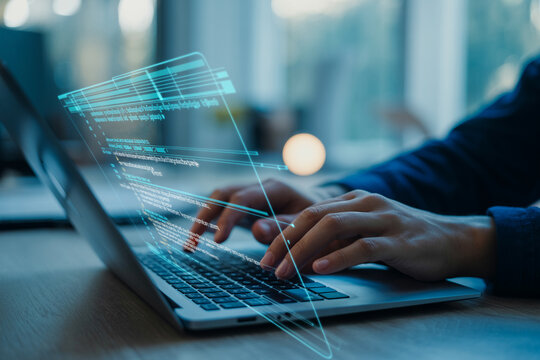 Programmer working on code with illuminated digital interface on a modern laptop computer