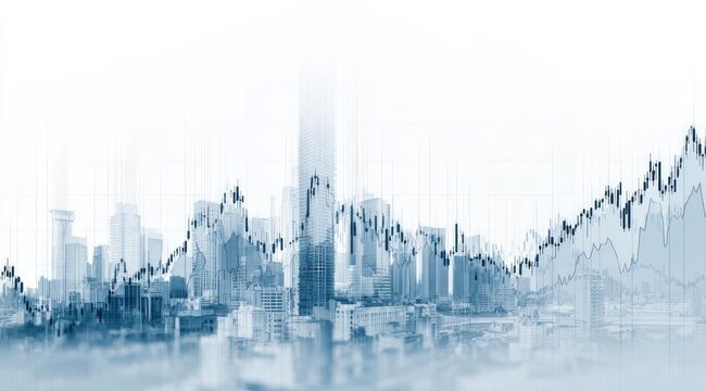 City skyline overlaid with financial data, suggesting economic growth