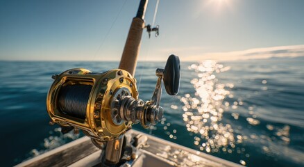 Close-up of fishing reel on boat deck, sunlit ocean backdrop