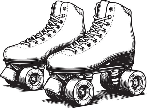 Detailed Woodcut Illustration of Roller Skates in Black and Whit