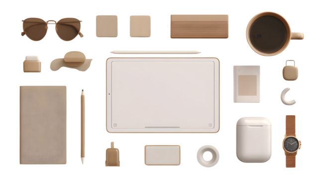 Minimalist beige tech accessories flatlay, isolated on transparent background