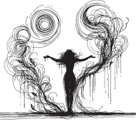 Fototapeta premium Artistic illustration of a woman with outstretched arms, surrounded by swirling lines and organic