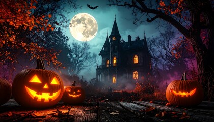 Glowing jack-o'-lanterns stand guard before a spooky, gothic mansion under a full moon, bathed in an eerie twilight.