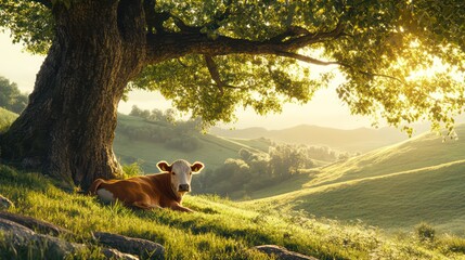 Close-up of cow grazing on green grass with trees and hills