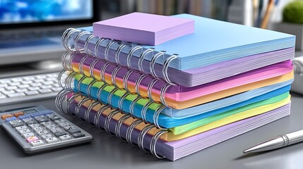 Colorful Stacked Notebooks with Sticky Notes and Calculator on Modern Office Desk