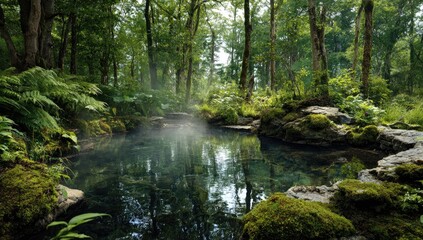 Obraz premium Tranquil forest pool bathed in morning mist. Lush greenery surrounds a still pool of water, reflecting the trees and mist