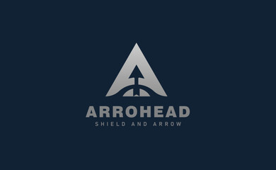 Metallic silver letter A logo design shaped like an arrowhead with an integrated upward arrow and shield element.
