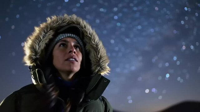 Person in a winter coat looking up at a starry night sky
