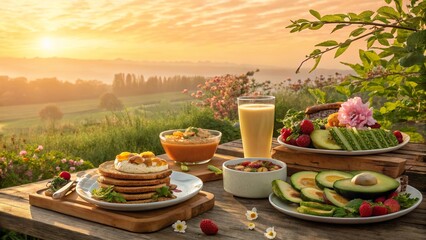 Creative breakfast ideas showcase vibrant dishes at sunrise in a scenic outdoor setting with fresh ingredients and colorful presentation