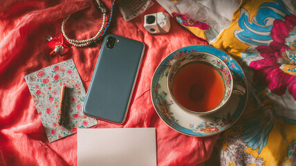 Vibrant cloth backdrop with friendship bracelet, smartphone, greeting card and tea cup arranged in a warm party flat lay