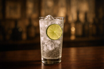 1920s Gin Rickey cocktail in highball glass on wooden bar
