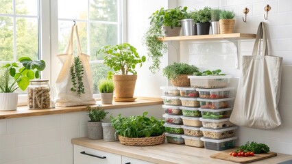 Eco friendly kitchen with sustainable meal prep showcasing fresh ingredients and organized storage solutions