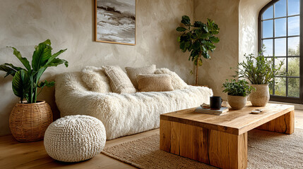 Minimalist living room with a cozy white sofa, beautiful pillows, wooden furniture and modern decor, 3d render 
