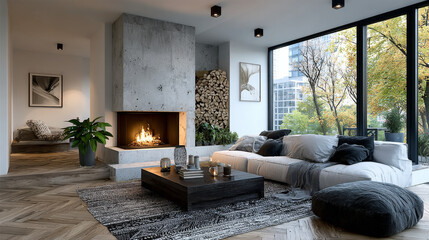 Minimalist living room interior with modern fireplace and white walls. Interior mockup, 3d render 