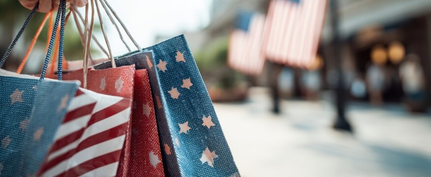 The Hand Holding Festive Shopping Bags with American Flag Designs - Powered by Adobe