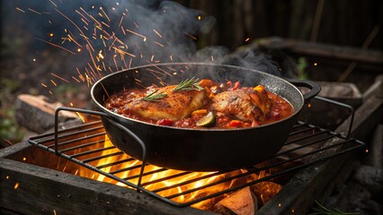 Grilled chicken stew simmering over an outdoor barbecue with flames and spices in a rustic setting