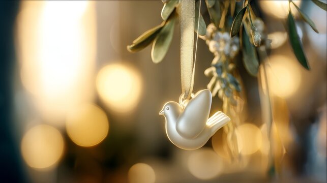 A polished white dove-shaped ornament hangs from a ribbon against a festive background with warm glowing lights and oliv