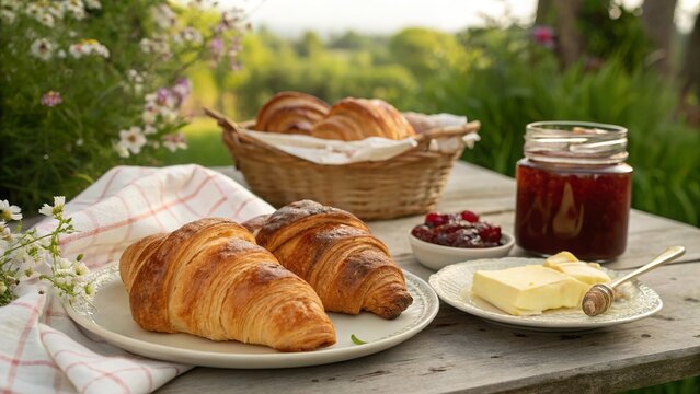 Freshly baked golden croissants served with butter and jam on a rustic table in a sunny garden