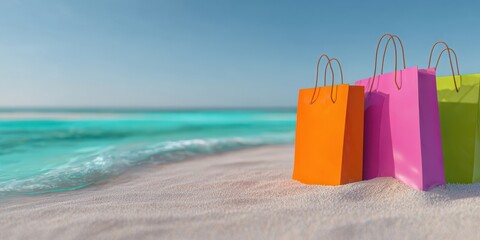 The colorful shopping bags resting on the beach sand near the ocean waves.