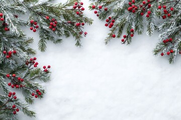 Snowy sprigs with red berries frame a blank space