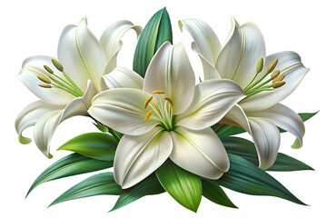 Obraz premium Three White Easter Lilies with Green Leaves and Subtle Colorful Highlights on a Black Background