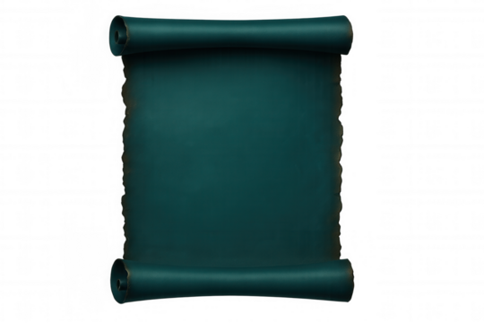 Teal parchment scroll unrolling, revealing blank space for text or design, isolated on transparent background, perfect for historical, fantasy, or adventure themes