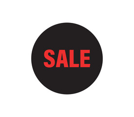 Bold red sale text on a black circular background for retail promotions