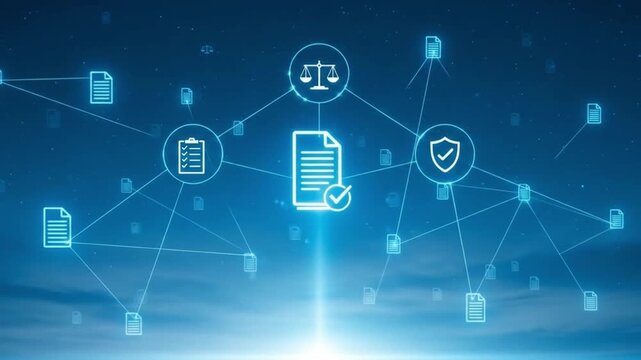 A digital network of legal documents and compliance icons, representing the importance of data protection, security, and regulatory standards in the modern business world