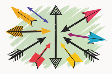 Dynamic array of colorful arrows pointing in different directions, a visual metaphor for strategy, focus, and choices, perfect for business presentations and creative designs