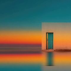 A serene coastal scene at sunset. A teal-colored door in a white building stands over still water, reflecting the vibrant sunset colors