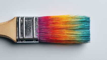Fototapeta premium Close-up of a colorful paintbrush. Vibrant hues of paint decorate the bristles,