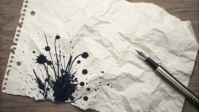 Crumpled lined paper with black ink splatters and a fountain pen white - Powered by Adobe