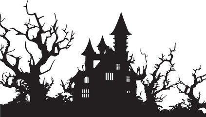 Halloween haunted house silhouette illustration vector spooky scary mansion trees night dark creepy design art