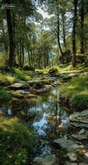 Obraz premium Sunlight streams through a tranquil forest, illuminating a clear creek