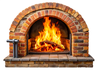 Arched brick fireplace with roaring fire and log on white background burning logs isolated on a transparent background