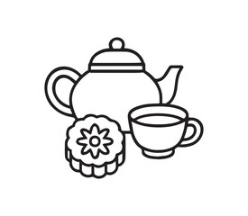 Simple line art illustration of a teapot cup and pastry for a cozy tea time