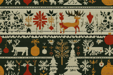 Warm Scandinavian Knitted Christmas Seamless Pattern with Reindeer and Trees
