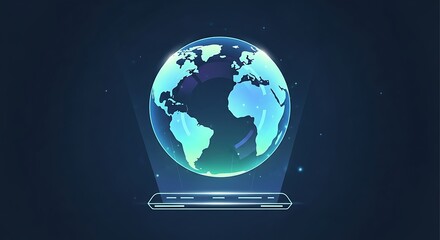 Holographic World Globe Teal Blue Floating on Platform in Dark Space