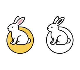 Obraz premium Cute cartoon white rabbit sitting inside a circle on a yellow and black background
