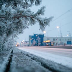 Frozen pine branch overhangs a snow-covered city street