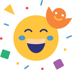 A cheerful yellow emoji expressing joy and surrounded by confetti and a small smiling creature