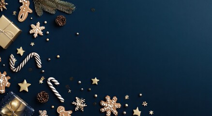 Festive Christmas decorations in gold and dark navy