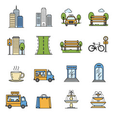 City life icons illustrating urban elements like buildings, a taxi, park benches, a bike, coffee, food trucks, shopping, and fountains perfect for design projects