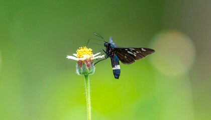 A captivating moth rests on a vibrant flower, showcasing delicate details against a soft green background.