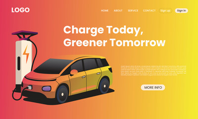 Modern vector illustration of an electric car charging at a station with a vibrant gradient background.