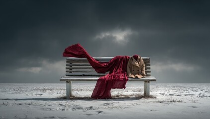 A lone park bench, draped in a flowing red cloak, sits amidst a snowy landscape under a dramatic sky