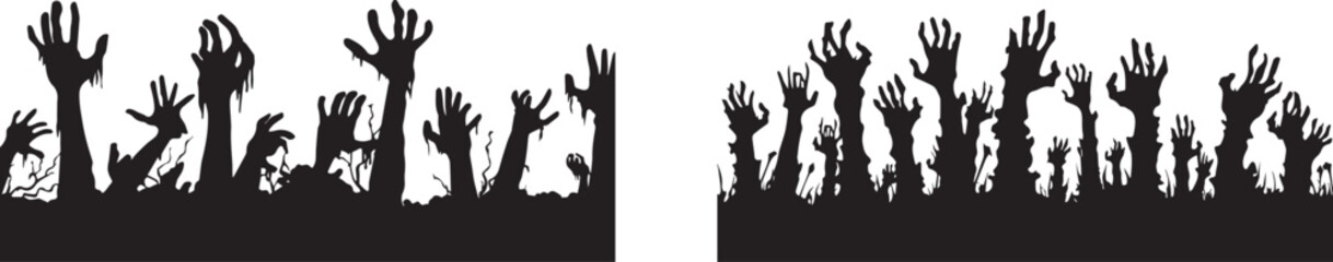 Halloween zombie hands rising from ground vector illustration graphic design silhouette background concept