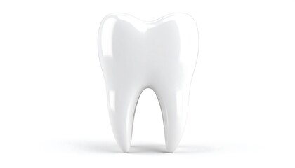 A glossy, white tooth stands out against a plain white background, creating a simple yet impactful image.